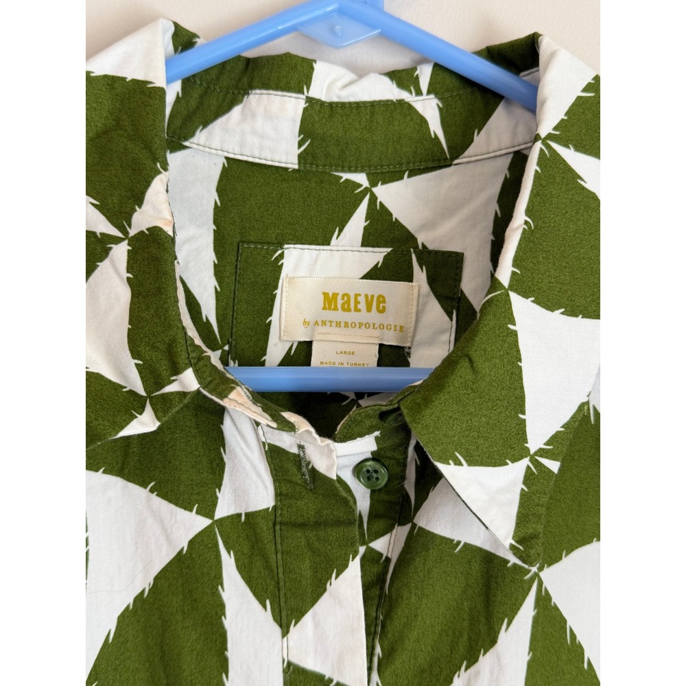 Maeve Shirt Dress Womens Large Green Geometric Tiered Cotton Midi - Picture 5 of 10